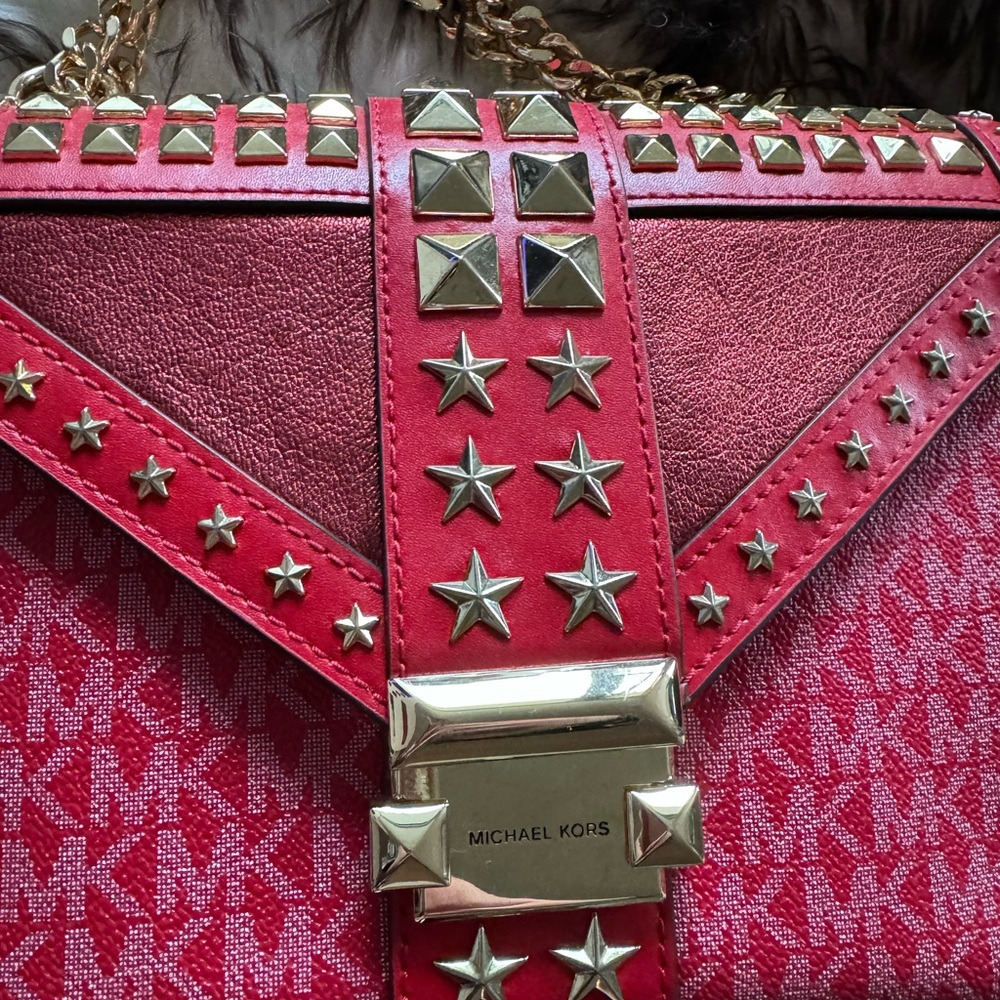 Red Studded Shoulder Michael Kors Handbag - Picture 8 of 10